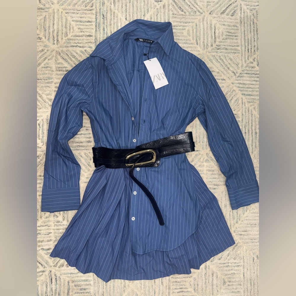 Zara Navy Pinstripe Dress with Black Belt